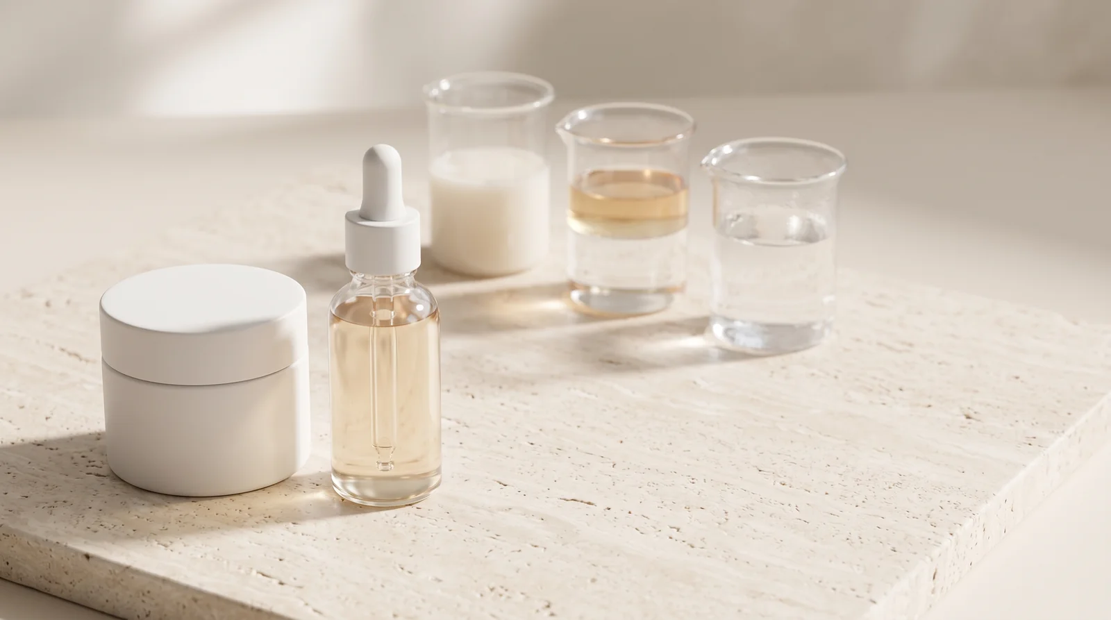 Unbranded cosmetic jar and dropper serum bottle beside laboratory beakers holding separated liquid layers