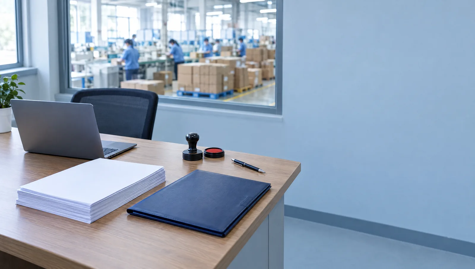 Blank export documents, a navy folder and a company stamp on an office desk, with a Chinese factory floor visible through the window