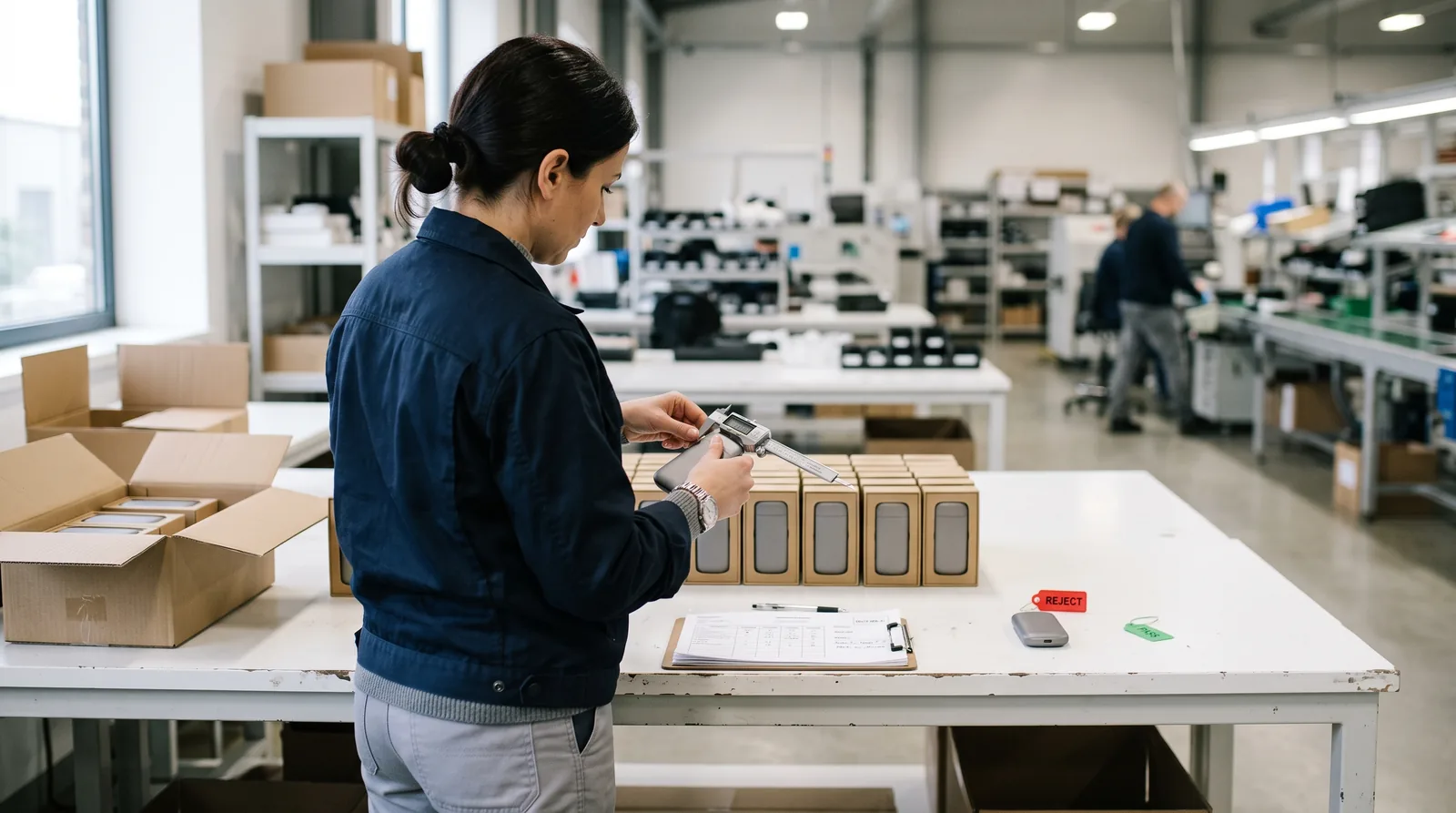 Quality inspector checking product samples against a specification sheet in a Chinese factory
